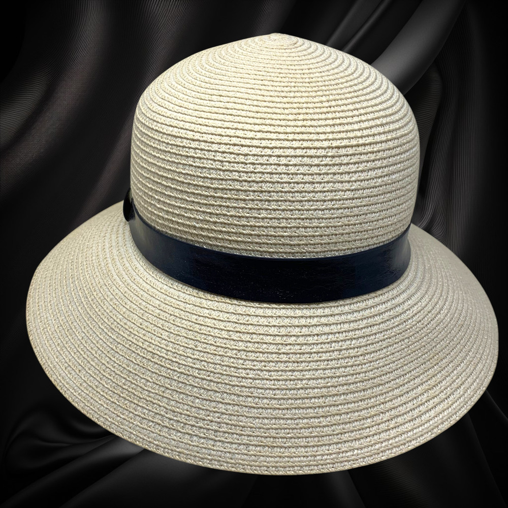Global Glamour Raffia Hat White Tall Crown 3.5" Brim Navy Band O/S Adjustable - Picture 5 of 10